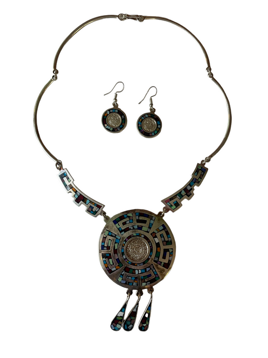 Mayan Calendar Earrings and Necklace Silver Set