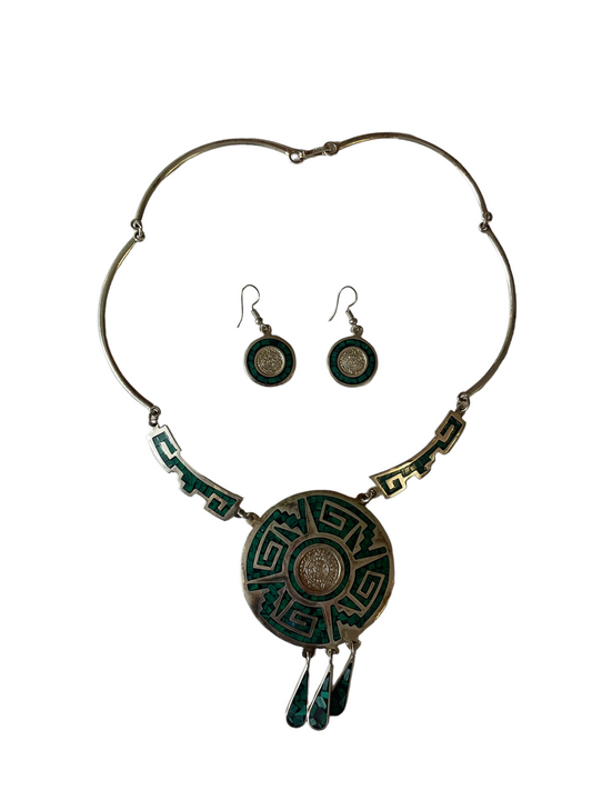 Mayan Calendar Earrings and Necklace Silver Set